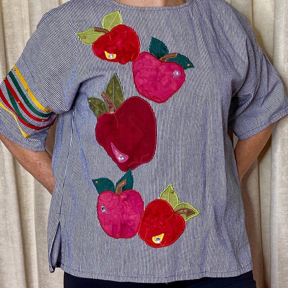 Shirt Black and White Striped with Apples